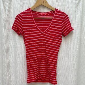 J.Crew Red and White Short Sleeve Fitted Linen Tee